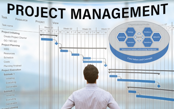 Man standing in front of the project management chart