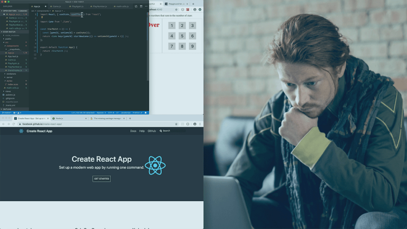 Developer at the laptop and screenshots of React app creation process