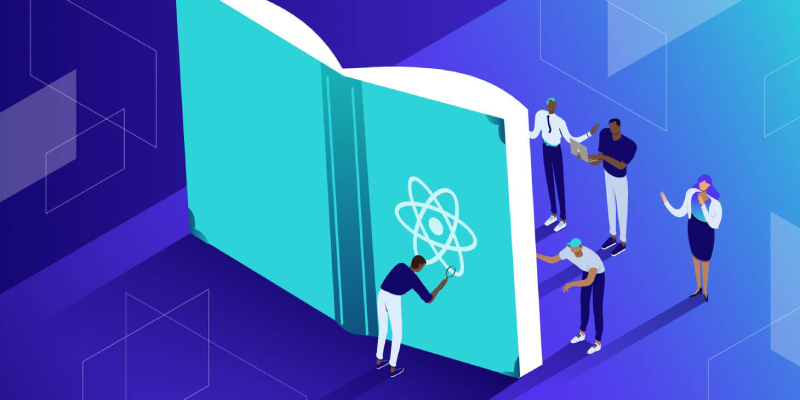 Developers discussing around a large book with a React logo on the cover