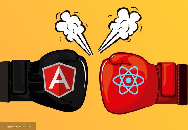 Angular vs React logos on boxing gloves