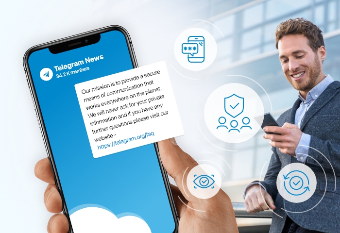 Telegram screen and a chart or practical features for business